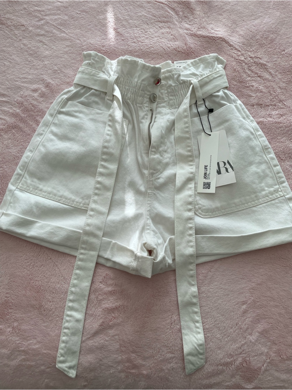 Zara Cream High-Waist Paperbag Belted Shorts